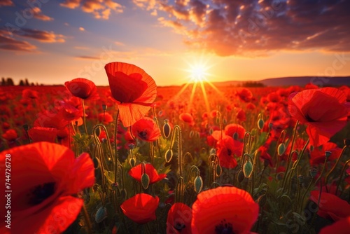 Beautiful field of red poppies with the sun setting in the background. Suitable for nature and landscape themes © Fotograf