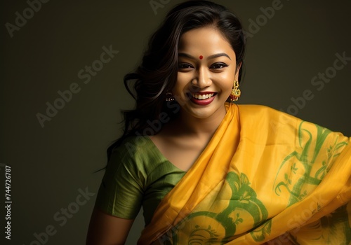 Assamese Woman in Vibrant Mekhela Chador Traditional Elegance on White Background