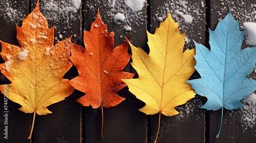 A row of four different colored maple leaves. Ideal for autumn-themed designs