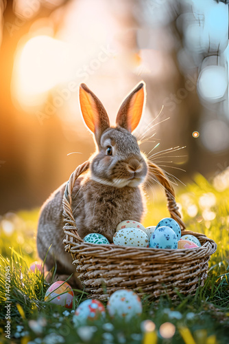 Easter Bunny sitting on the grass near a basket filled with colorful eggs at sunset