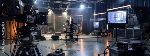 a recording studio with lights and equipment in the background photo
