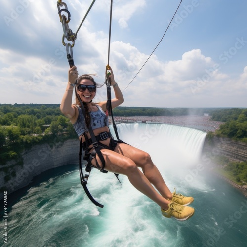 A woman enjoying a thrilling zip line adventure. Ideal for travel and adventure concept