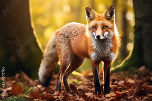 A fox standing in the leaves, suitable for nature themes © Fotograf