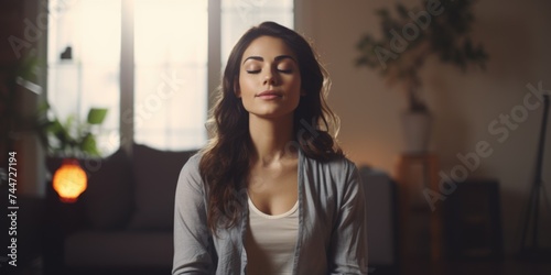 A woman sitting on the floor with her eyes closed. Suitable for meditation or mindfulness concepts