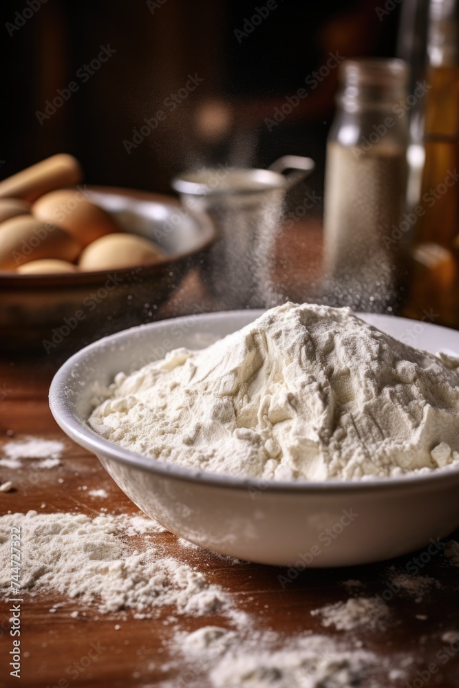 A bowl of flour sitting on a table, suitable for cooking or baking projects A bowl of flour sitting on a table, suitable for cooking or baking projects