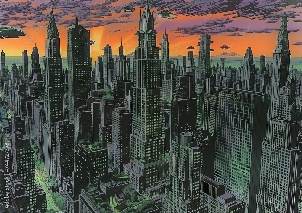 Futuristic Cityscape with Skyscrapers and a Crimson Sunset Casting Shadows Over an Advanced Metropolis