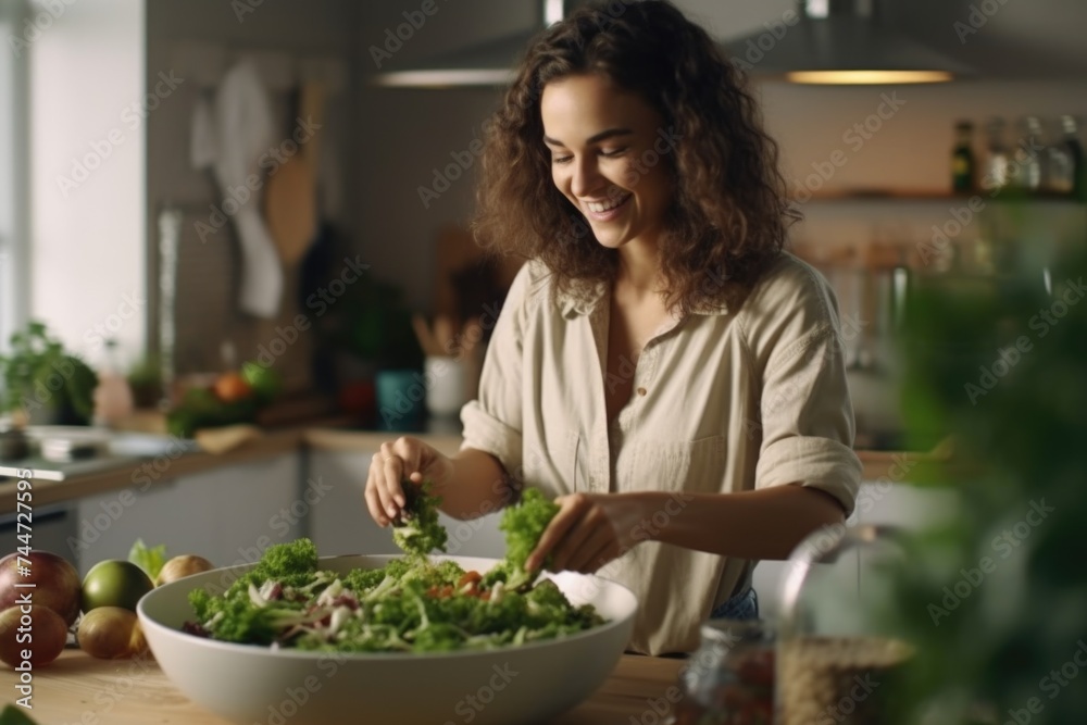 A woman in a kitchen preparing a healthy salad. Suitable for food and cooking concepts