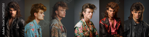 Set of 1980s fashion young teen men - mullet hairstyle - pop culture - funny fashion - vintage - profile side view - individual isolated portraits.  Young man from the 80s. quirky and eccentric teens photo