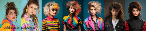 Set of 1980s fashion young teen woman - mullet hairstyle - pop culture - funny fashion - profile side view - individual isolated portraits. Young woman from the 80s. quirky and eccentric teens