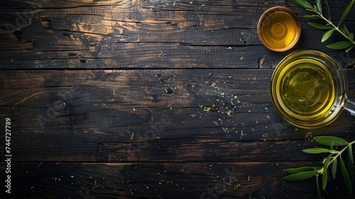 Golden Elixir - Pure Olive Oil in a Glass Bowl on Rustic Wood.
