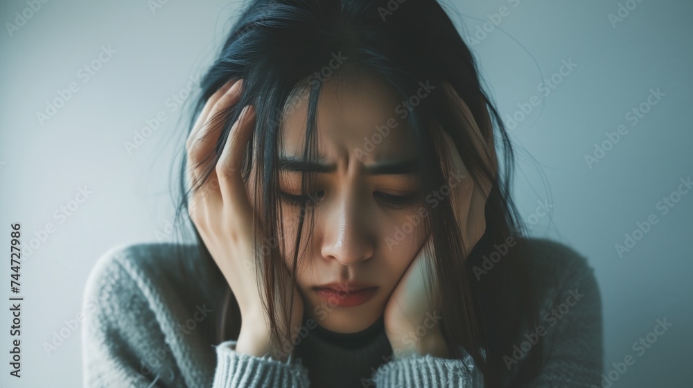 a woman holding her head in her hands and looking down a woman holding her head in her hands and looking down