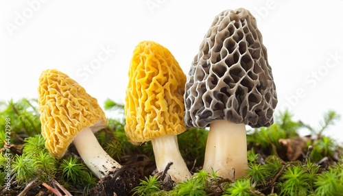 three gray and yellow morel mushrooms isolated on white