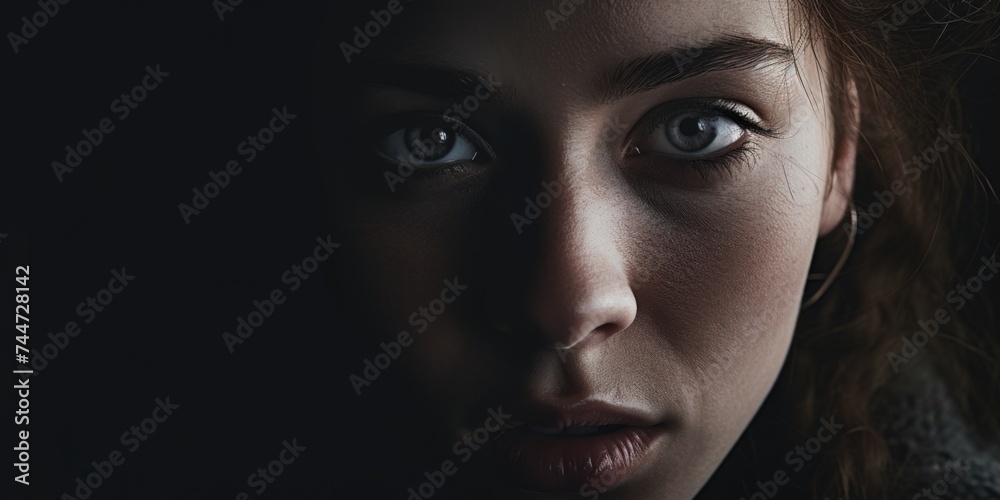 Close-up of a woman's face with striking blue eyes, perfect for beauty or healthcare concepts