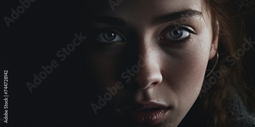 Close-up of a woman's face with striking blue eyes, perfect for beauty or healthcare concepts