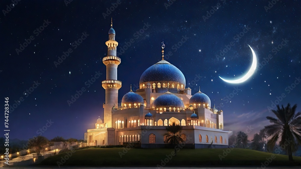 Eid ai fit Muslim mosque stand starry night adorned with a crescent moon photograph the essence of Ramadan Mubarak