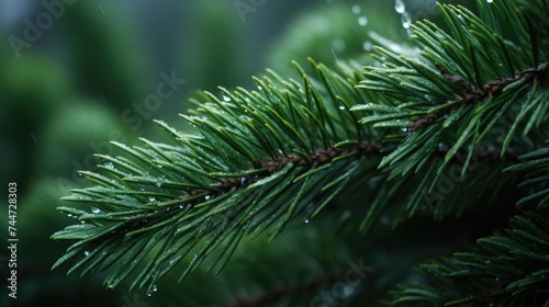 Close-up of a pine tree branch with water droplets. Suitable for nature and environment concepts
