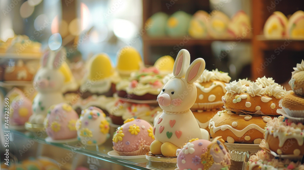 A display of Easter-themed baked goods, including cakes and cookies shaped like eggs and bunnies.