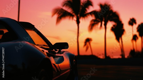 Sunset landscape, supercar in an orange sunset, Miami, 80s, warm, colorful, summer vibes