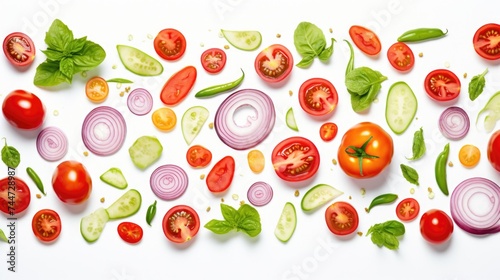 Fresh tomatoes, cucumbers, onions, and spinach on a white background. Perfect for healthy eating concepts