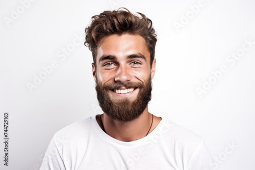 A man with a beard smiling at the camera. Suitable for various commercial projects