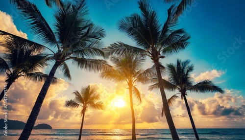 silhouettes of palm trees against the sky during a tropical sunset