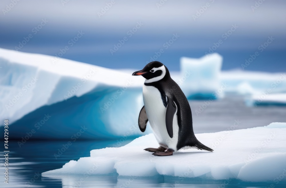World Penguin Day, an adult lone penguin on a drifting ice floe, the far north, an iceberg in the ocean, the kingdom of ice and snow, a snowy shore