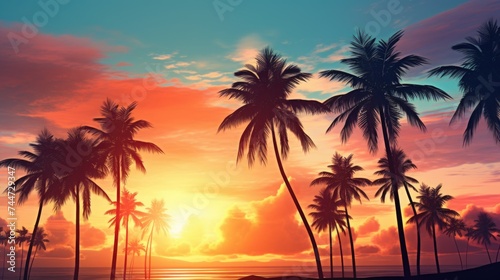 Beautiful sunset with palm trees in the foreground, perfect for travel and nature themes. © Fotograf