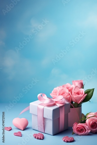 A beautiful white gift box adorned with pink roses and hearts on a blue background. Perfect for romantic occasions