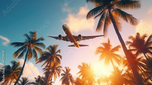 A scenic view of an airplane soaring over lush palm trees. Perfect for travel or vacation concepts