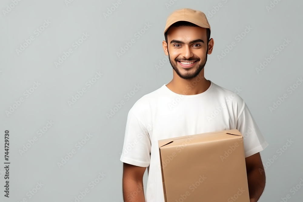 Happy delivery man in white shirt with cardboard box and baseball cap. Happy delivery man in white shirt with cardboard box and baseball cap.