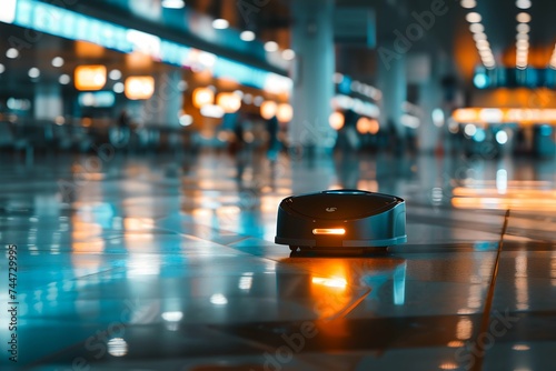 Service robot in an airport at night.. Artificial intelligence, science and innovation, futuristic techology. Smart cleaning technology concept. Design for banner, poster © dreamdes