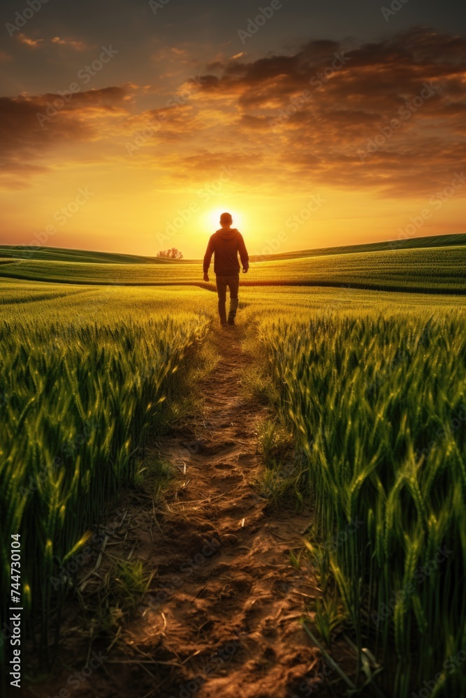 A man walking towards the sun in a wheat field. Suitable for nature and inspirational themes A man walking towards the sun in a wheat field. Suitable for nature and inspirational themes