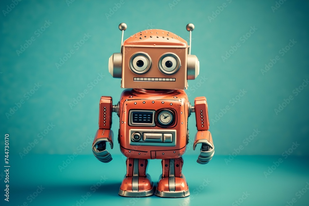 Fototapeta premium Vintage toy robot standing on a teal background. Retro style, 50s and 60s. Technology and nostalgia concept. Design for banner, poster