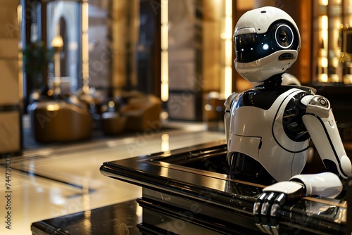 Humanoid robot concierge at hotel reception. Artificial intelligence  science and innovation  futuristic techology. Ai and machine learning concept. Luxury interior