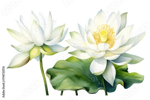 Beautiful painting of white lotus flowers with green leaves, perfect for floral designs