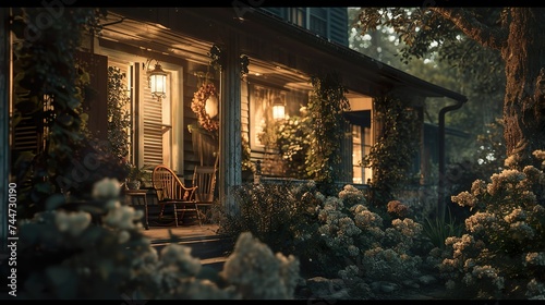 cozy evening on a picturesque veranda with wooden columns and blooming bushes