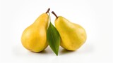 Two fresh pears with leaves on a clean white background. Suitable for food and healthy lifestyle concepts