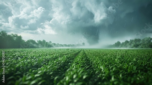 Tornado passing over a verdant farmland. Generative Ai.