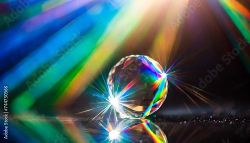 lens flare abstract bokeh lights leaking reflection of a glass diamond crystal jewelry defocused shining round shaped colorful rainbow light leaks rays on black background photo