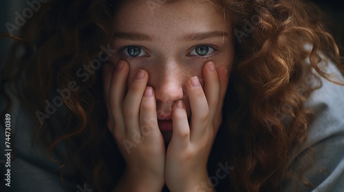 A young girl covering her face with her hands. Suitable for emotional concepts and mental health themes photo