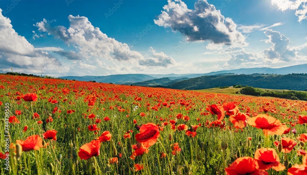 poppy field on a sunny afternoon beautiful countryside with red flowers in mountains bright blue sky with fluffy clouds summer outdoors happy days memories concept