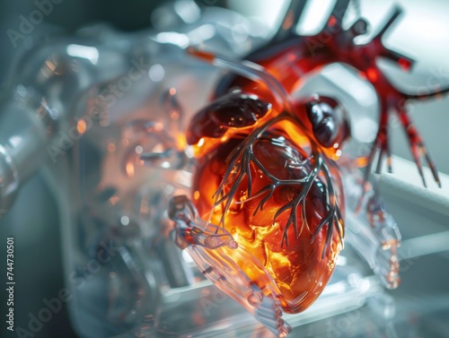 Close up of a synthetic heart pulsing with electric life in a transparent chest photo