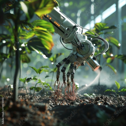 Close up on a robotic device injecting nutrients directly into plant roots futuristic farming photo