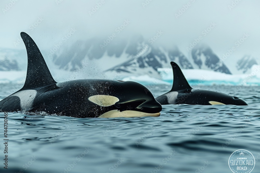 Obraz premium An orca pod swimming in the cold blue waters of the Arctic, their black and white colors stark against the icy seascape