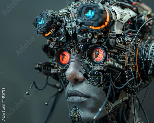 Cybernetic mafia enforces digital retrogression viewed in a detailed close up of power and technology photo
