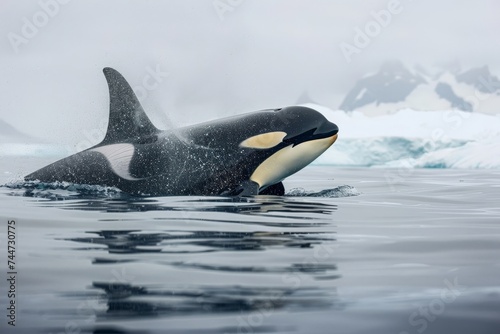 An orca pod swimming in the cold blue waters of the Arctic  their black and white colors stark against the icy seascape