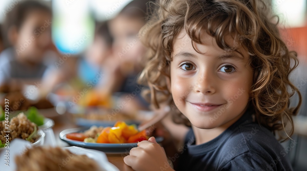 Happy child enjoying healthy meal in cafeteria Happy child enjoying healthy meal in cafeteria