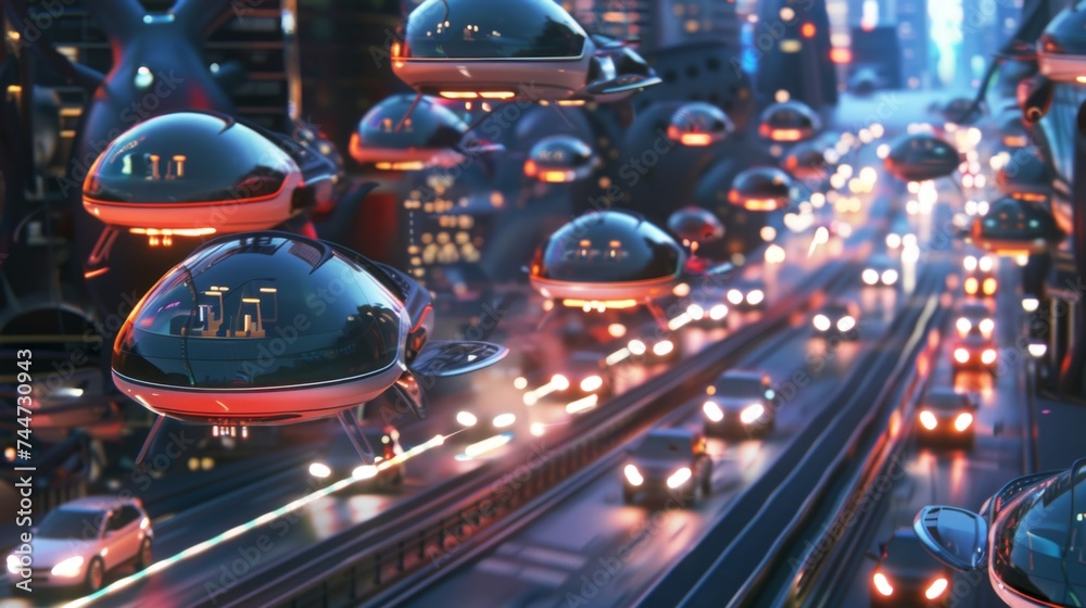 Futuristic urban traffic flow showcasing seamless integration of hovercrafts and drones Efficiency redefined - obrazy, fototapety, plakaty 