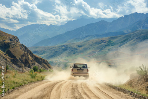 Car is driving down dusty dirt road surrounded by towering mountains. Vehicle kicks up clouds of dust as it navigates the rugged terrain