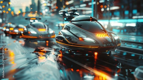 Futuristic urban traffic flow showcasing seamless integration of hovercrafts and drones Efficiency redefined © yelosole